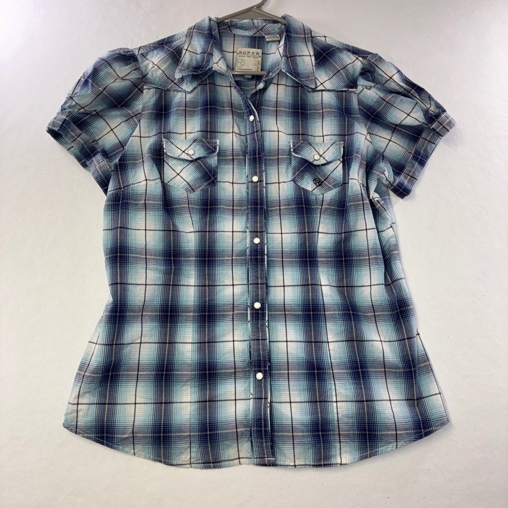 569 Western Roper Plaid Pearl Snap Shirt L Blue Puff Sleeve Cotton Top